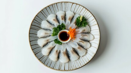 Aerial view of Japanese fugu sashimi, beautifully arranged in a floral pattern on a round porcelain plate, served with soy sauce and garnish, on an elegant white background