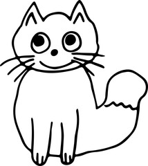 contented smiling cat with fluffy tail sits and looks up