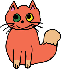 contented smiling ginger cat with different colored eyes with fluffy tail sits and looks up