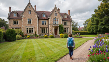 Person walking towards a large house in a lush garden