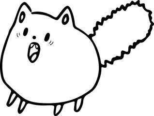 funny scared round cat with scared eyes with a very fluffy tail opened her mouth from fear