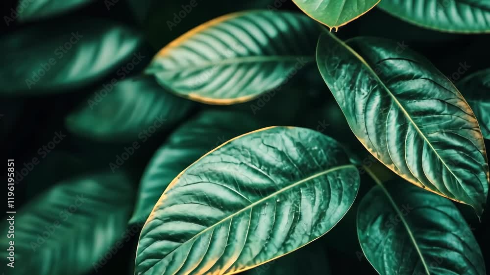Poster lush green leaves with intricate textures and natural patterns in a dense setting during daylight