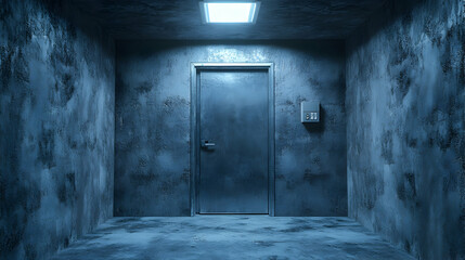 Obraz premium Dark Room with Metal Door and Keypad, concrete, wall, grunge, texture, blue
