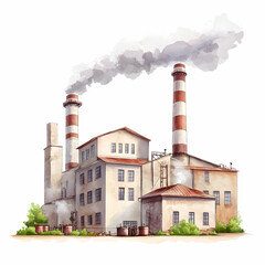 Fototapeta premium Watercolor Painting of an Industrial Factory with Smoking Chimneys, illustration, smoke, pollution, building, architecture