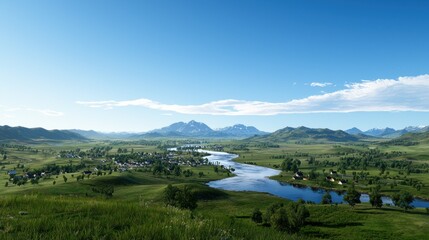 Scenic landscape featuring mountains, river, and a peaceful village.