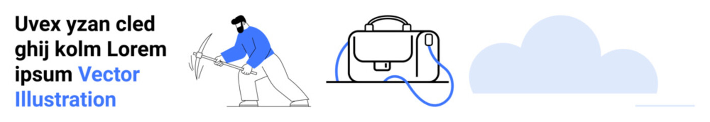 Worker in blue and white gear, modern briefcase with handle, grey cloud. Ideal for business branding, tech presentations, apps, websites, infographics, team projects, educational materials. Landing