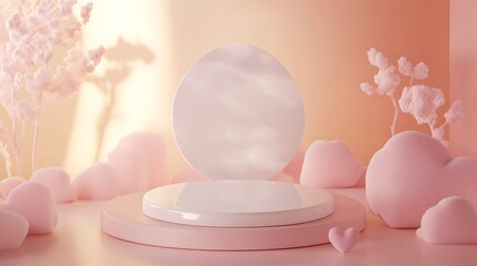 Pastel Pink Dreamland: A Gentle Product Display with Cloud-Shaped Elements