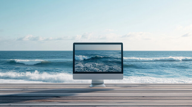 PC mockup serene seaside pier ocean wave background tranquil beauty coastal scenery innovative branding technology concept ecommerce app nomad lifestyle blank it travel banner screen suitcase surreal - Powered by Adobe