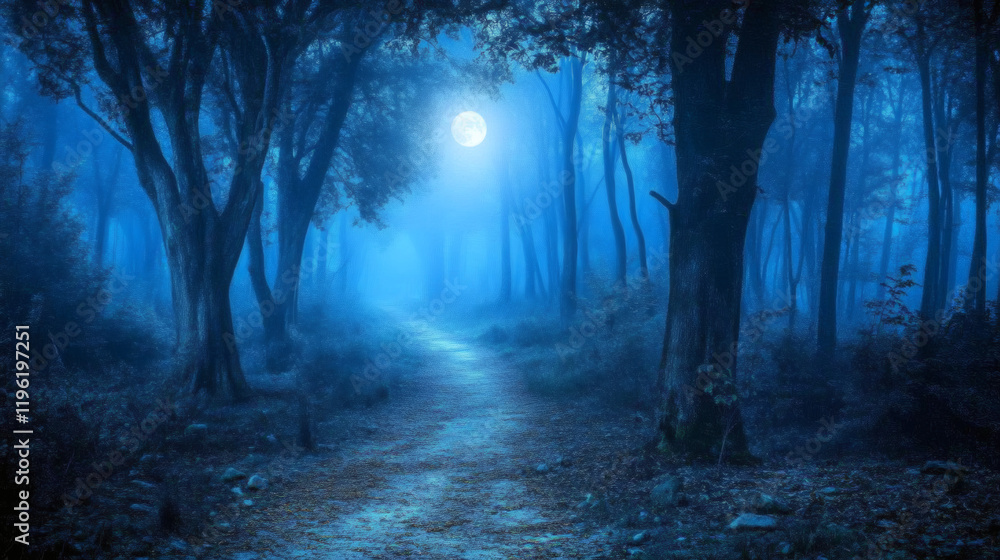 Wall mural mysterious forest with a moonlit path fog and a backdrop hint