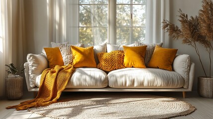 Cozy Autumn Living Room with Yellow Pillows and Blanket