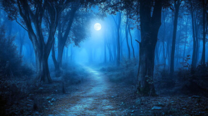 Fototapeta premium Mysterious forest with a moonlit path fog and a backdrop hint 