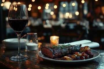 A dark, moody scene of a wooden table with black roasted meat and a glass of red wine. Low lighting creates a dramatic atmosphere.