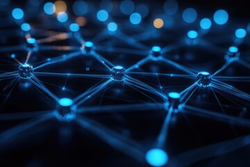 A dark theme with glowing blue neon lights and digital patterns forming a network grid, representing futuristic technology.