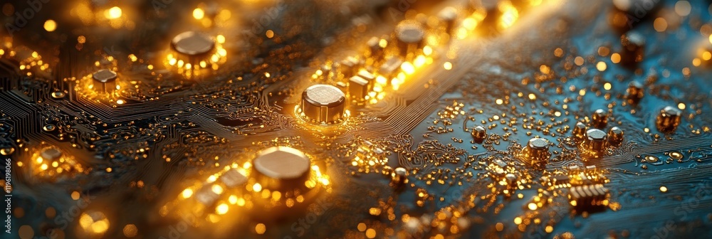 Poster a detailed shot of a microchip or circuit board, with intricate components and glowing connections, 