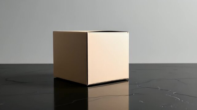 A light beige rectangular box on a dark marble surface against a gray background.