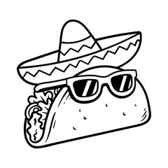 fun taco wearing sombrero and glasses cartoon character isolated drawing line style sketch classic vintage design illustration