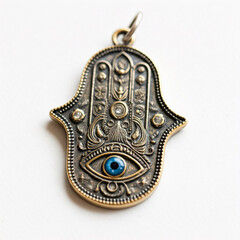 Jewelry pendant in the form of an eye on a white background Jewish Hamsa