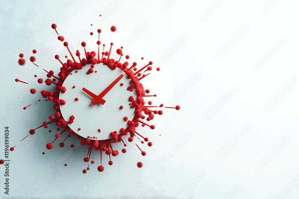 Poster a striking clock design with vibrant red splashes, symbolizing urgency and time, set against a minim