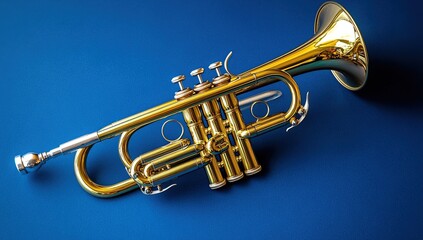 Obraz premium Golden Trumpet: A Musical Instrument's Gleaming Beauty on Blue Background, Showcasing Valves and Intricate Details