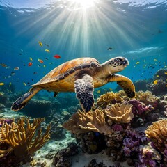 Obraz premium Serenity in the Deep: A Loggerhead Turtle Exploring a Lively Coral Reef