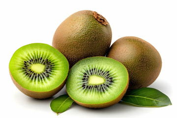 Obraz premium Fresh Kiwis with Leaves, kiwifruit, green, healthy, vitamin c, delicious