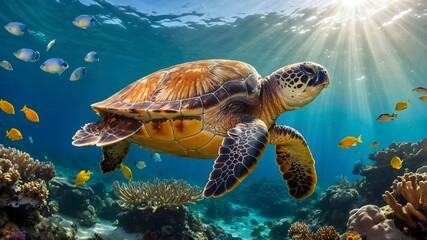 Obraz premium Aquatic Balance: A Loggerhead Turtle's Exploration of a Flourishing Reef