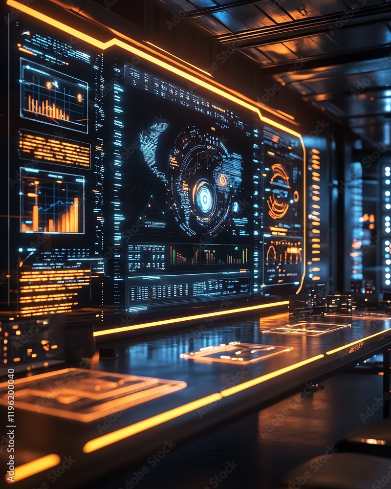 Poster hightech office with a glowing screen displaying ai technology