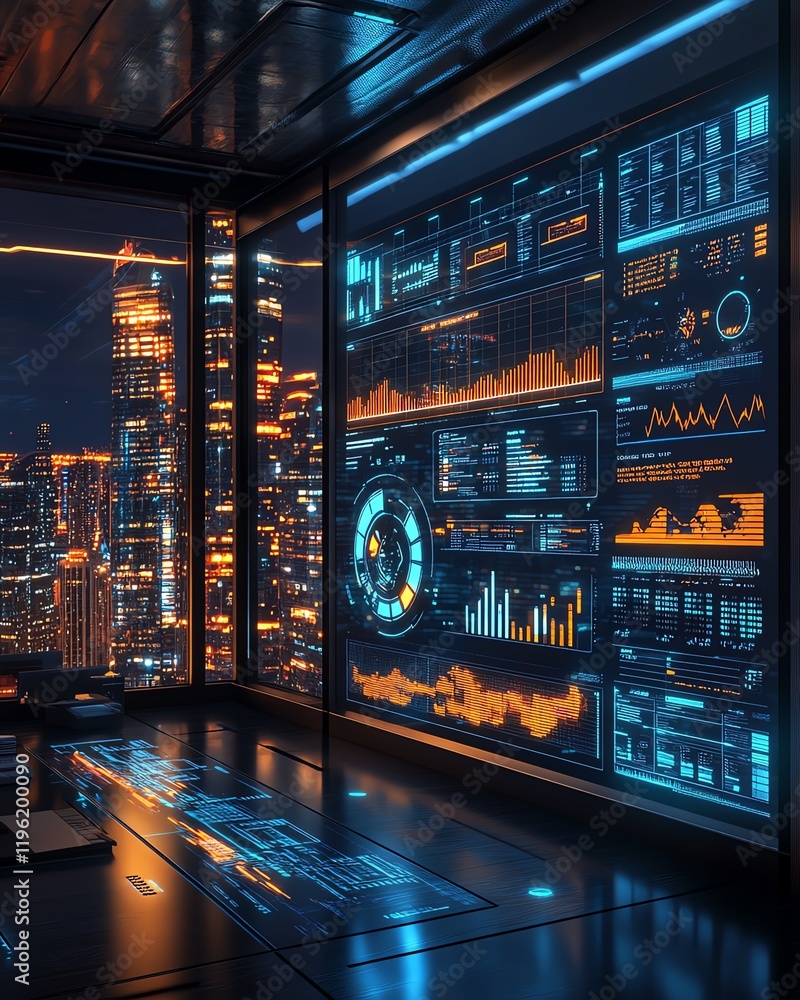 Poster hightech office with a glowing screen displaying ai technology