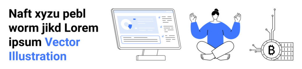 Meditating person in lotus pose, computer screen displaying map, blockchain Bitcoin connection. Ideal for meditation, technology, finance, blockchain, cryptocurrency, networking concepts, website