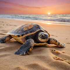 Fototapeta premium Morning's Embrace: A Loggerhead Turtle's Nesting Voyage