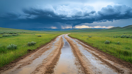 Fototapeta premium A road with a yellow line and a cloudy sky. The road is wet and the sky is overcast