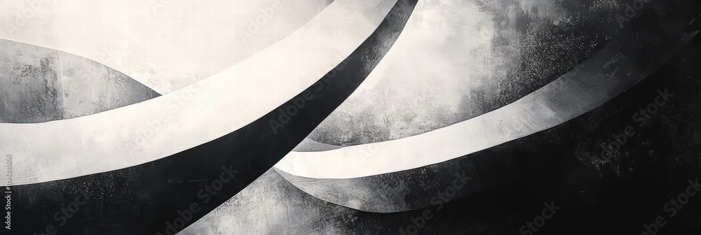Poster abstract black and white contrasts with jagged lines and smooth curves, creating a striking balance 