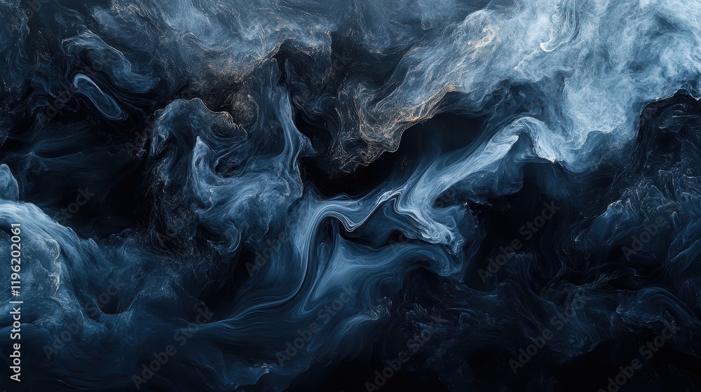 Poster abstract dark smoke swirls blending in deep hues of black and dark gray, with subtle highlights crea