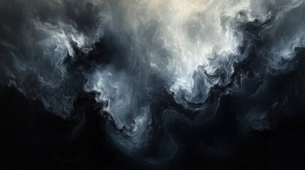 Abstract dark smoke swirls blending in deep hues of black and dark gray, with subtle highlights creating a sense of movement and depth.