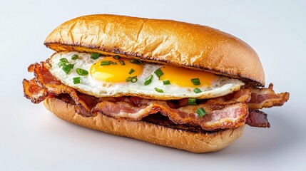 Delicious breakfast sandwich with crispy bacon and sunny-side-up eggs on a soft bun