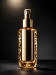Luxurious Gold Cosmetic Bottle with Soft Spotlight on Black Background – Elegant Glow, Perfect for Premium Skincare Products Mockup