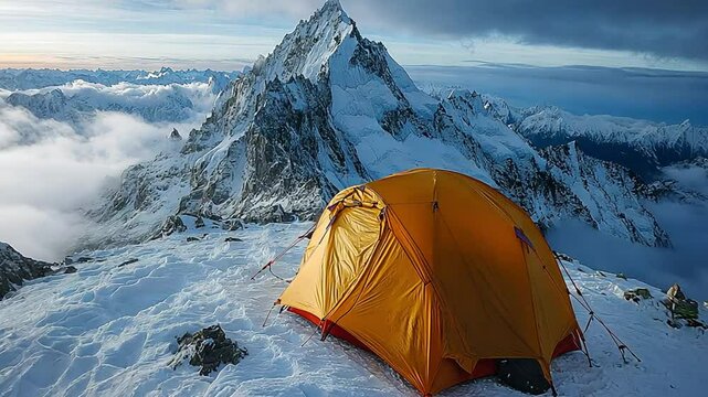 tent on top of mountain with mountains and clouds in the background footage