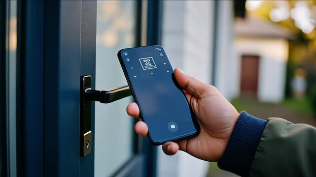 Person is holding a smartphone unlocking a smart lock system of an apartment door with a digital key