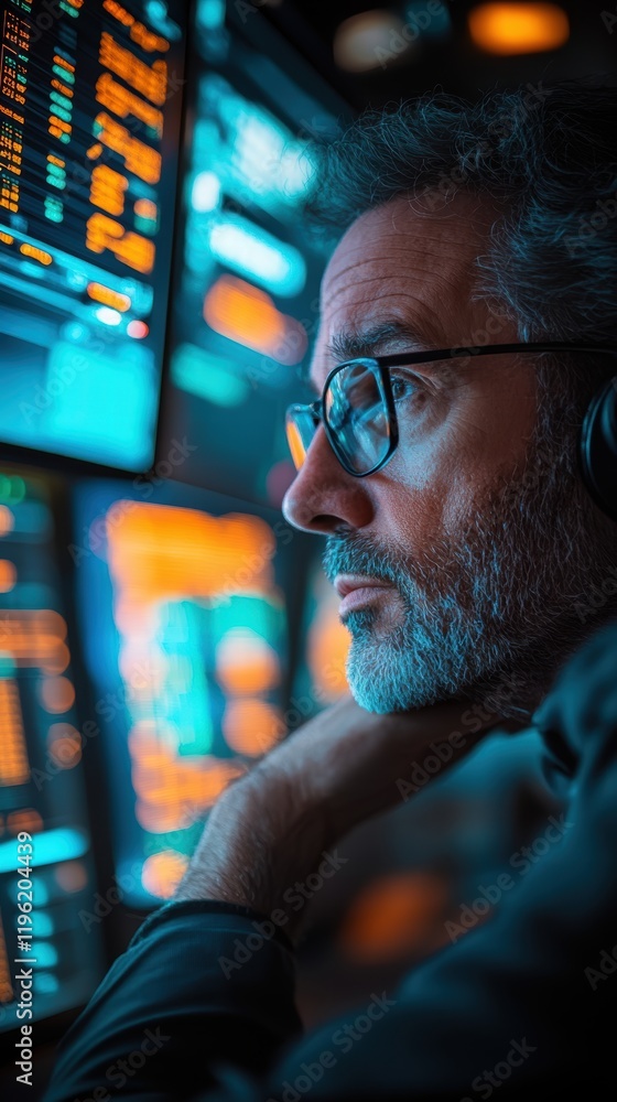 Aufkleber close-up of a stock trader watching the market on multiple monitors, displaying live stock quotes an