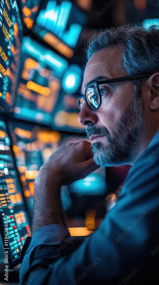 Poster close-up of a stock trader watching the market on multiple monitors, displaying live stock quotes an