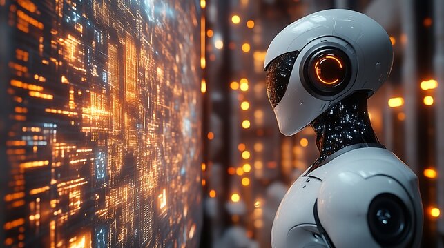 Futuristic robot examining digital data on a large screen.