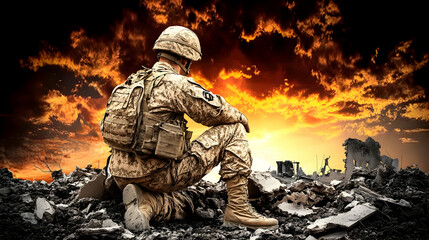 Solitary Soldier Amidst the Ruins of War at Sunset, army, military, battle, conflict, destruction