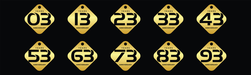 creative collection of golden number logo designs from 3 years to 93 years in square shape gold. abstract number design vector illustration. 3rd anniversary to 93 years