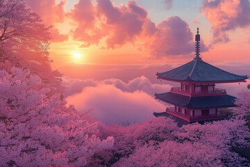 Naklejka premium Stunning sunset view of a pagoda surrounded by cherry blossoms in a tranquil landscape
