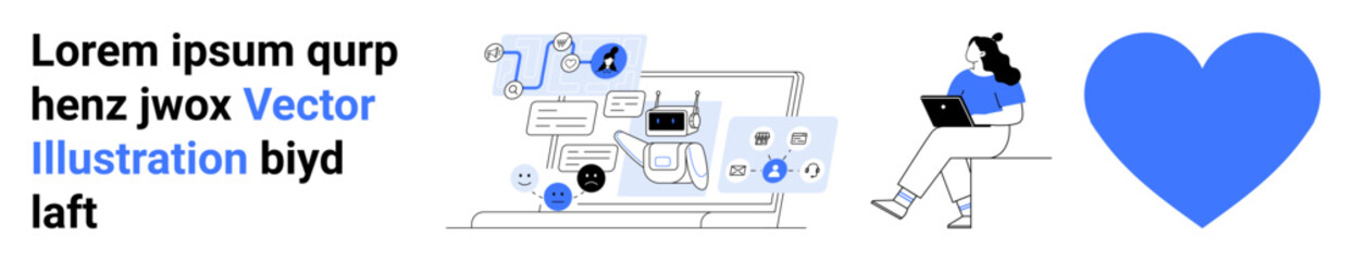 Laptop with various tech devices, woman sitting with laptop, large blue heart. Ideal for technology, productivity, user interface, marketing, remote work, digital communication, innovation. Landing