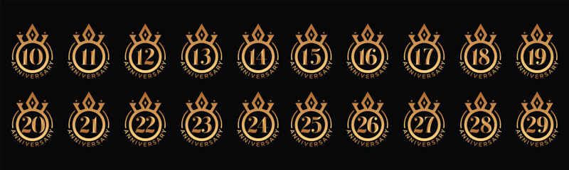 creative collection of number logo designs from 10 year to 29 years with gold crown. abstract number design vector illustration. anniversary numbers