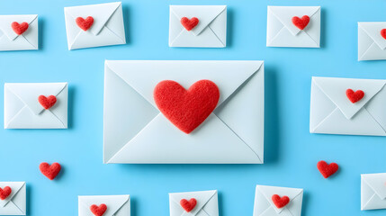 Love Letters Pattern on Blue Background, mail, envelope, heart, red, felt