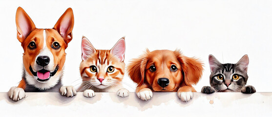 Obraz premium Cute cats and dogs peeking over a white background.
