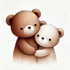 Two cute brown bears embracing on a soft white background.