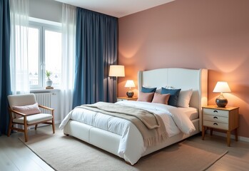 Elegant Memphis-Style Bedroom Design: A Harmonious Blend of White, Blue, and Pink Tones with Chic Armchair and Floor Lamp